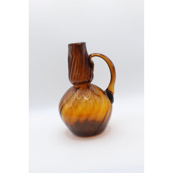 Hand Blown Amber Art Glass Pitcher | Ribbed Optic Body, Applied Handle | Mid-Cen - Picture 2 of 4